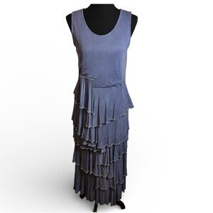 ASHRO Maxi dress Sz S Tiered Ruffles Lagenlook Grecian Pearl Sleeveless Stretchy